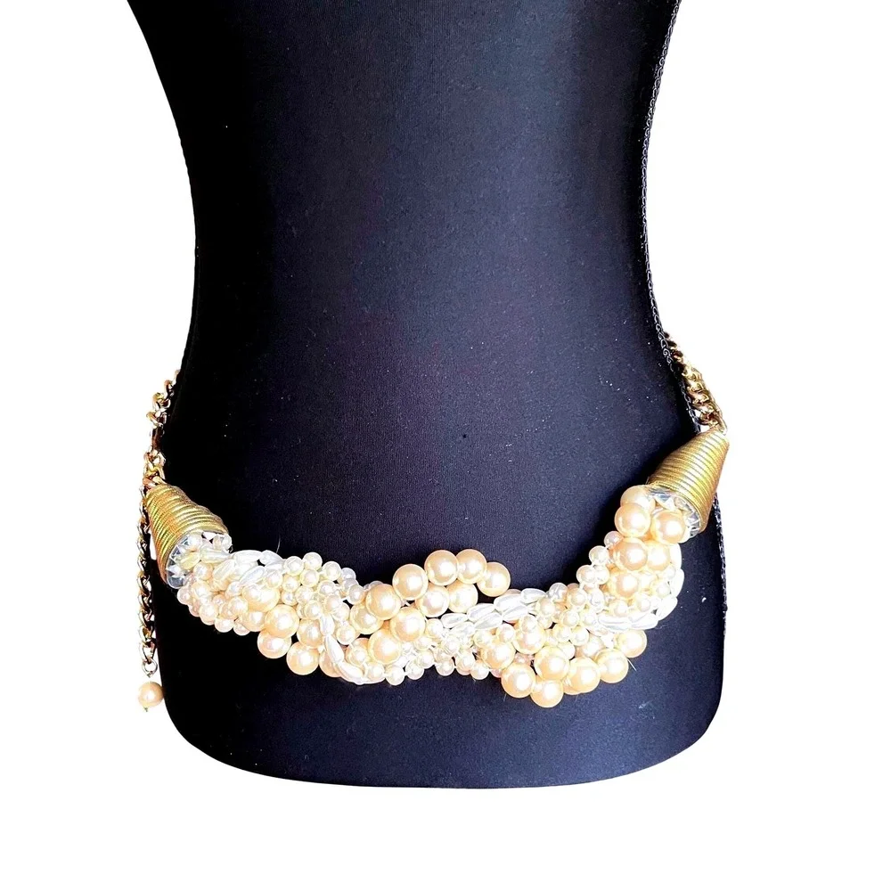 Vintage 80s Pearl Cluster‎ Gold Chain Belt Adjustable Statement Waist 35